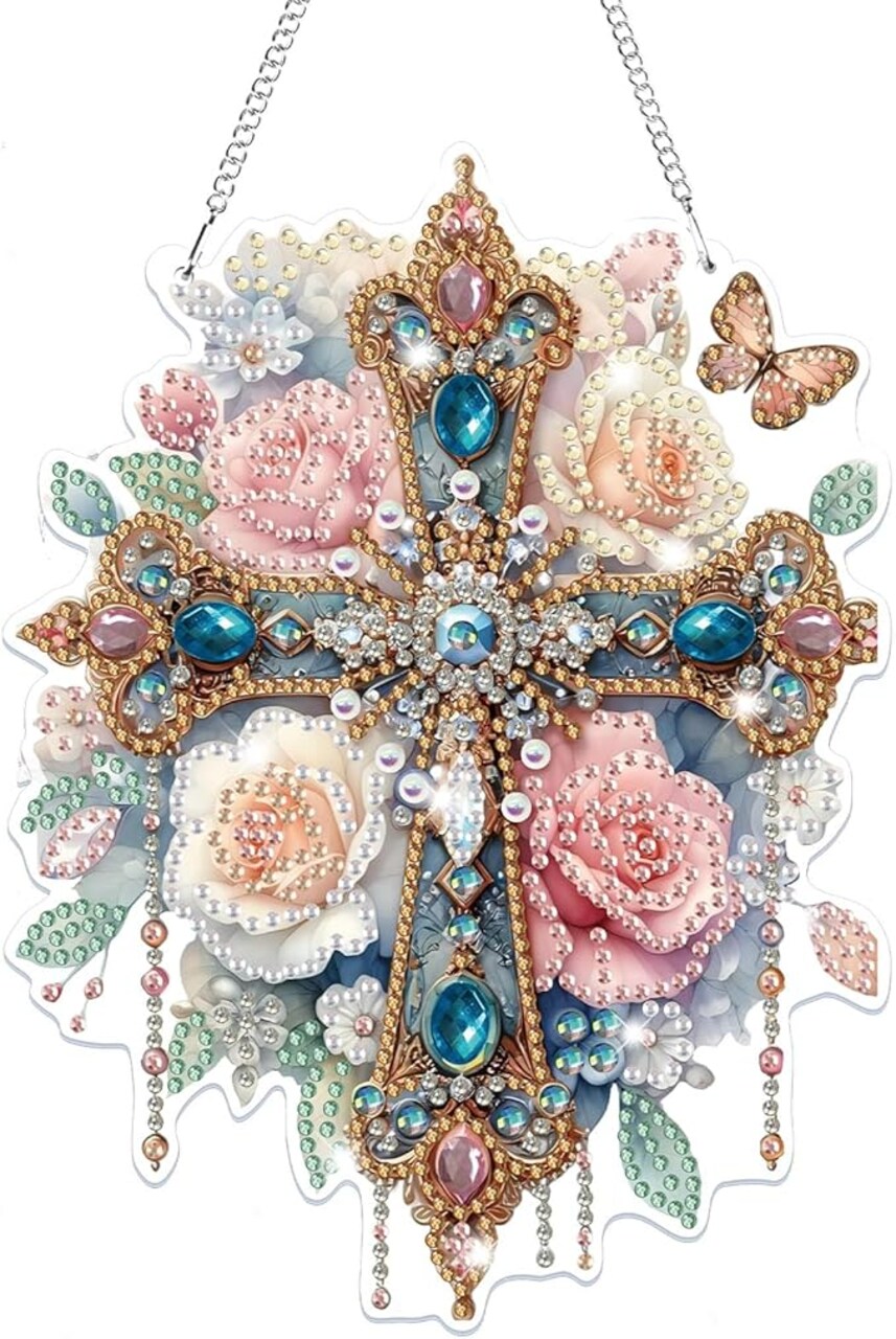 Hanging Diamond Art Cross Kits for Adults, 5D Special Shape Diamond Painting Flower Kits, Cross Diamond Gem Art Suncatchers Painting Pendant Ornament for Home Garden Wall Decor